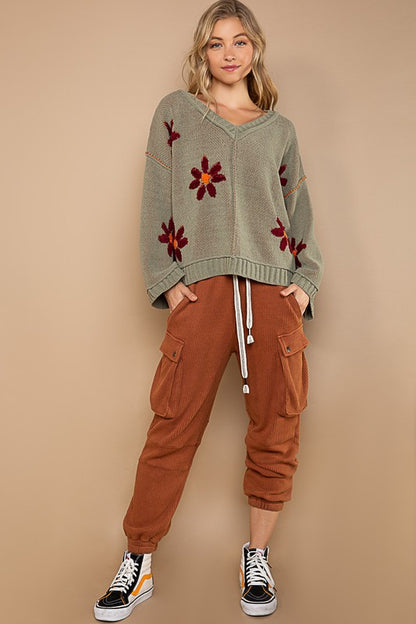 Olive V-neck floral pattern chenille pullover sweater