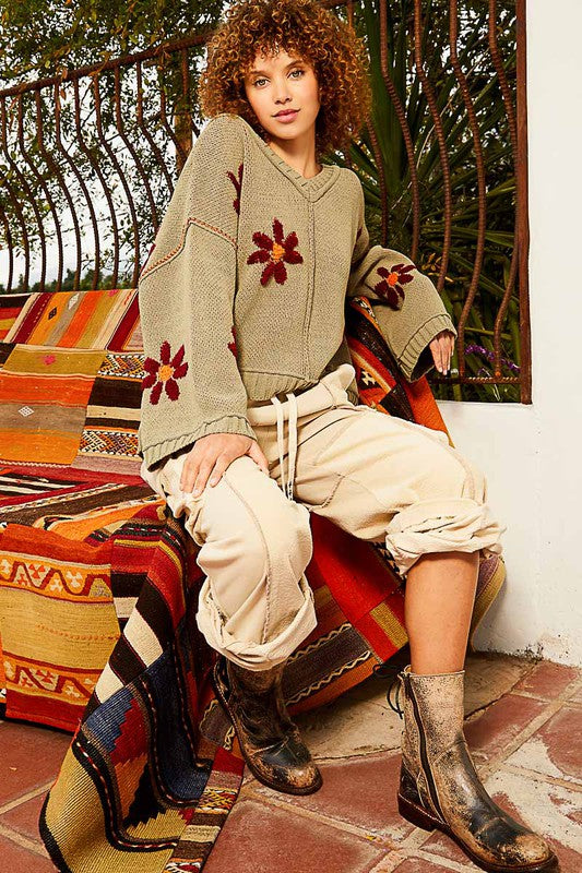 Olive V-neck floral pattern chenille pullover sweater