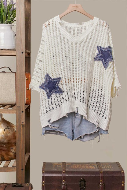 Mello Distressed Star Knit Pullover