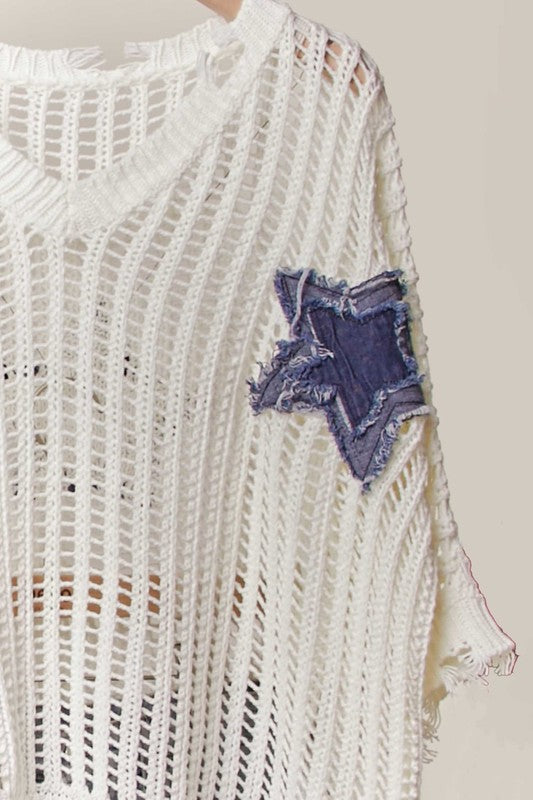 Mello Distressed Star Knit Pullover