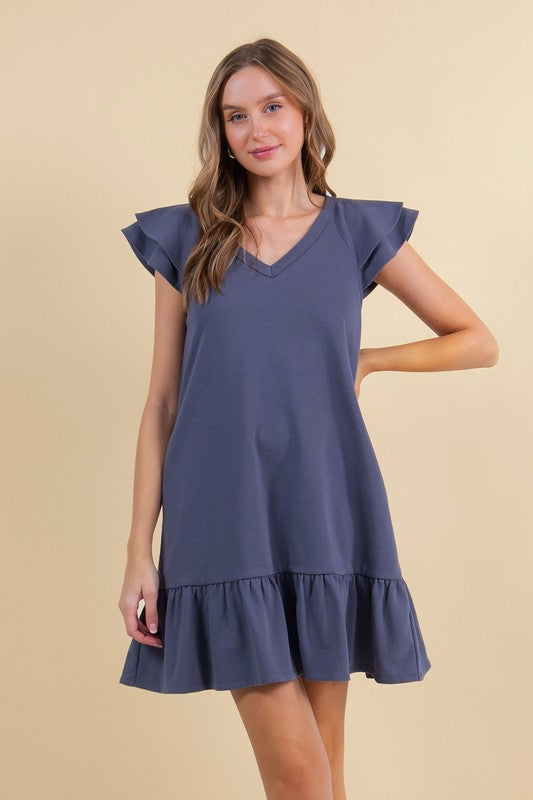 French Terry Double Ruffle Cap Sleeve Mini Dress