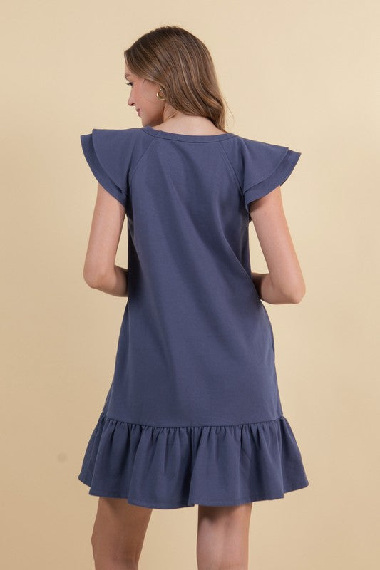 French Terry Double Ruffle Cap Sleeve Mini Dress