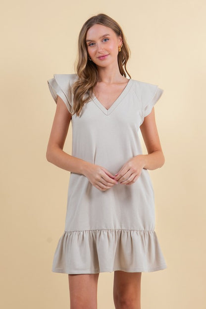 French Terry Double Ruffle Cap Sleeve Mini Dress
