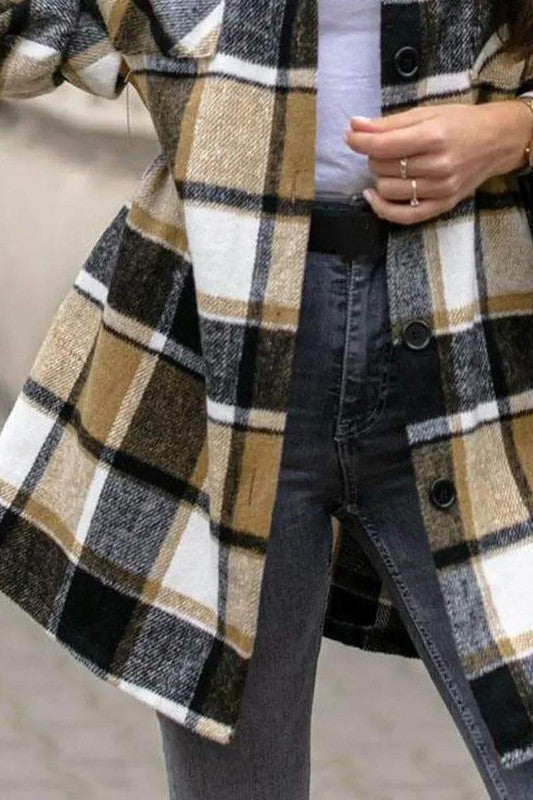 EMELIA JACKETPLAID PRINT BUTTON FRONT FLAP DETAIL SHACKET