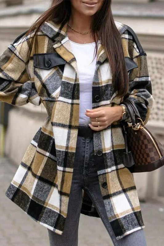 EMELIA JACKETPLAID PRINT BUTTON FRONT FLAP DETAIL SHACKET