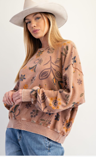 Easel Floral Print Wash Sweatshirt