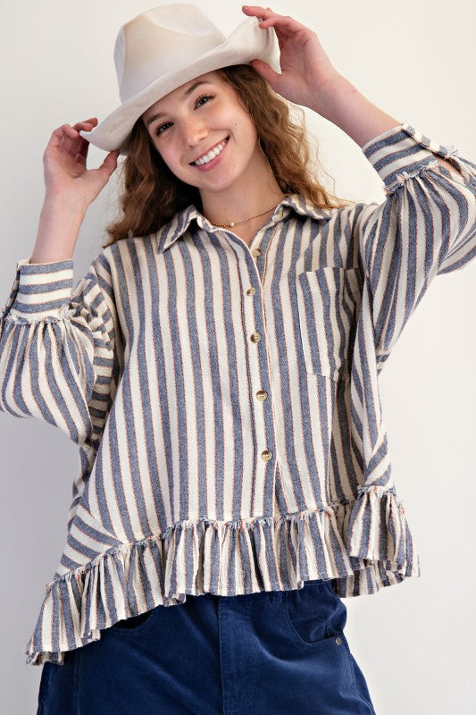 Easel 3/4 Sleeve Striped Linen Button Up Shirt