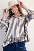 Easel 3/4 Sleeve Striped Linen Button Up Shirt
