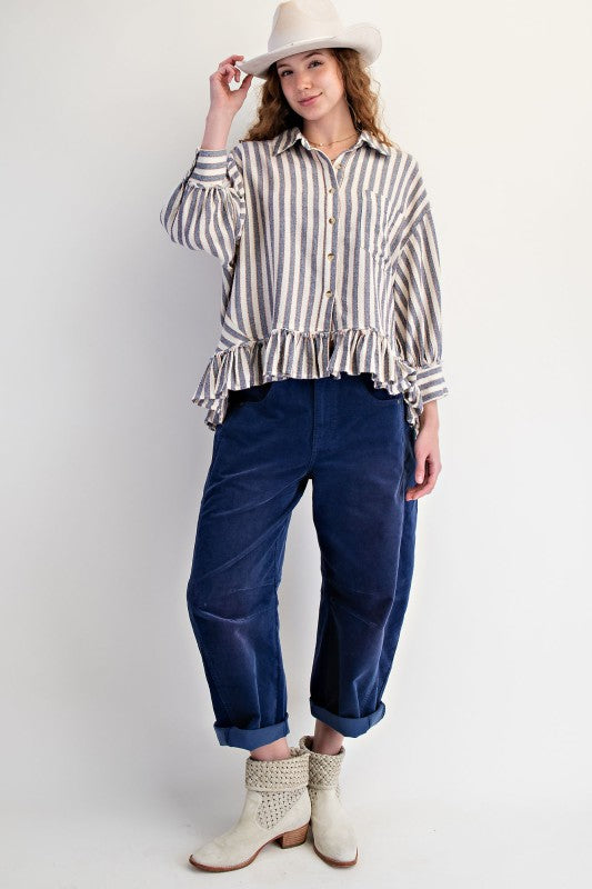 Easel 3/4 Sleeve Striped Linen Button Up Shirt