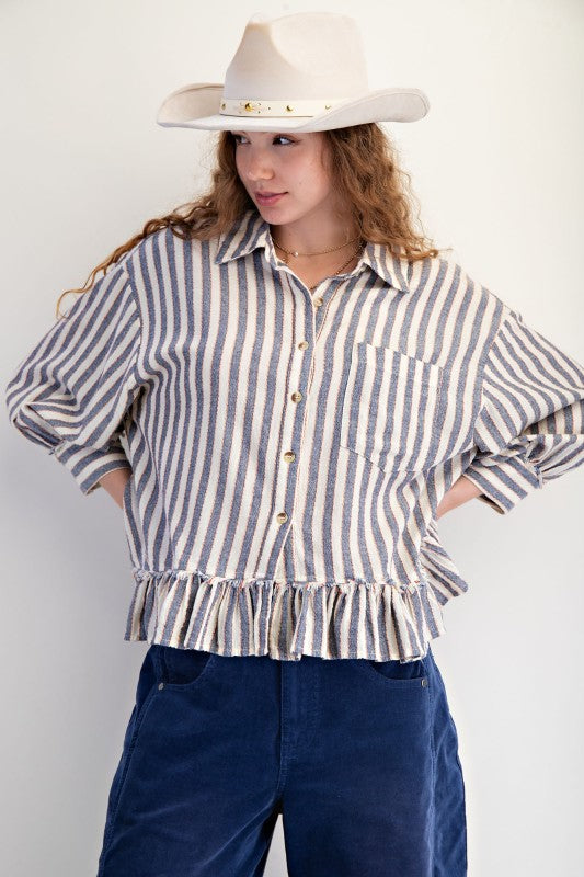 Easel 3/4 Sleeve Striped Linen Button Up Shirt