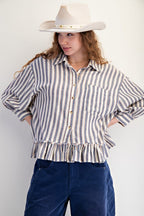 Easel 3/4 Sleeve Striped Linen Button Up Shirt