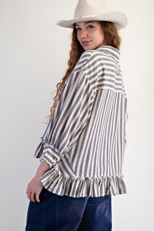 Easel 3/4 Sleeve Striped Linen Button Up Shirt