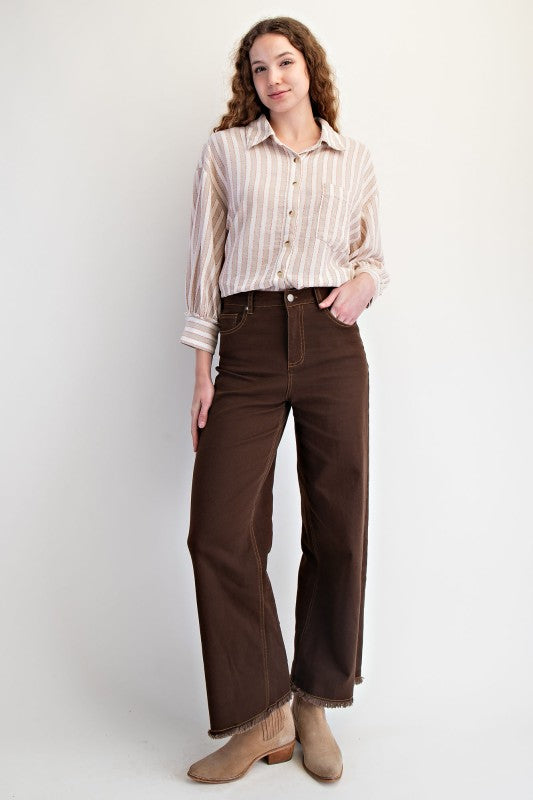 Easel 3/4 Sleeve Striped Linen Button Up Shirt