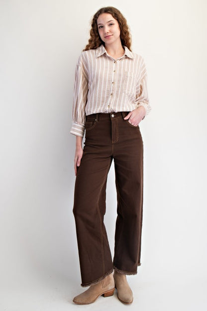 Easel 3/4 Sleeve Striped Linen Button Up Shirt