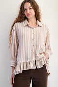 Easel 3/4 Sleeve Striped Linen Button Up Shirt