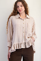 Easel 3/4 Sleeve Striped Linen Button Up Shirt