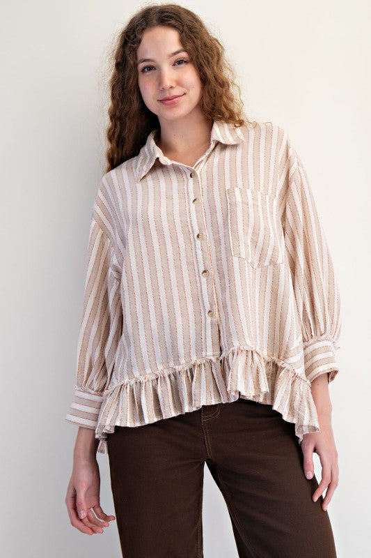 Easel 3/4 Sleeve Striped Linen Button Up Shirt