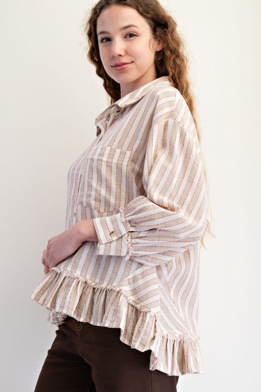 Easel 3/4 Sleeve Striped Linen Button Up Shirt