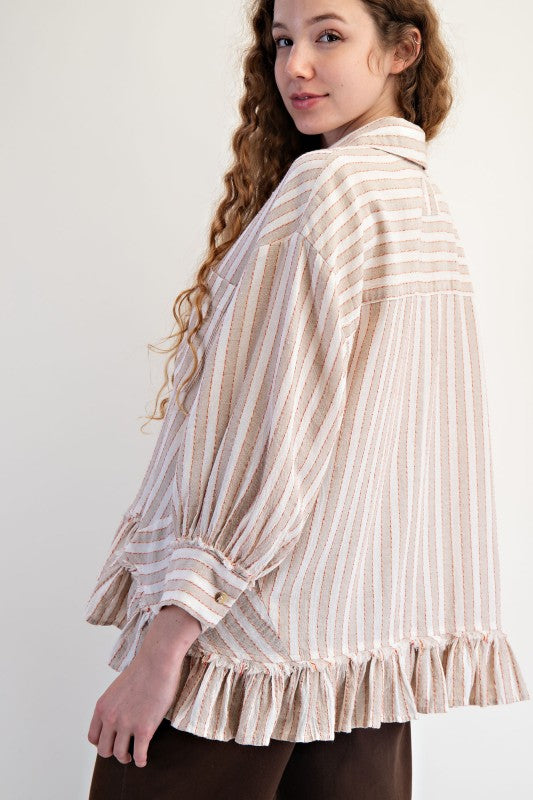 Easel 3/4 Sleeve Striped Linen Button Up Shirt