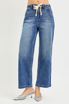 Elastic Band High Rise Cropped Wide Jeans