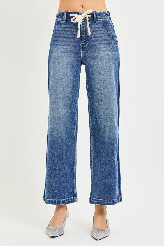 Elastic Band High Rise Cropped Wide Jeans