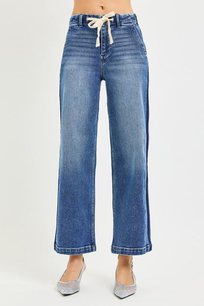 Elastic Band High Rise Cropped Wide Jeans