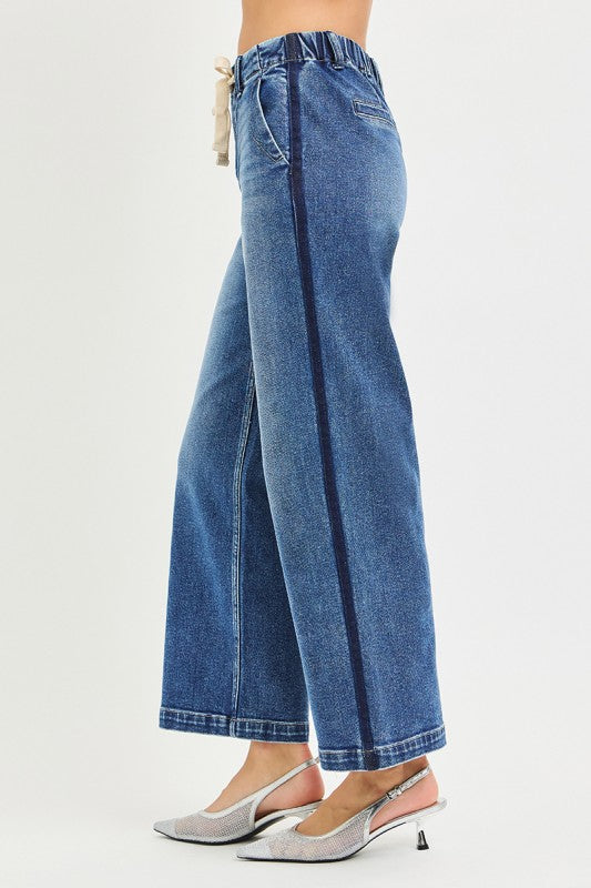 Elastic Band High Rise Cropped Wide Jeans