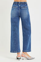Elastic Band High Rise Cropped Wide Jeans