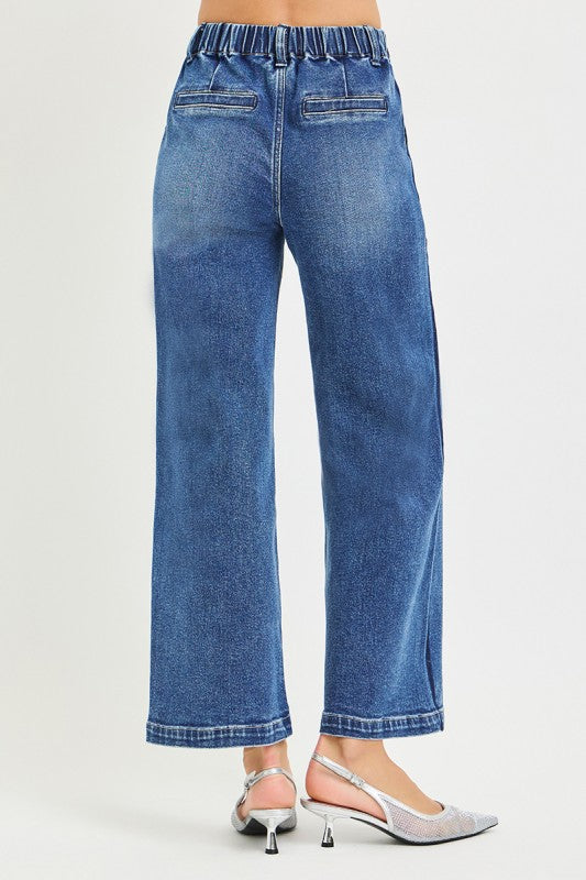 Elastic Band High Rise Cropped Wide Jeans