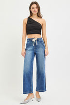 Elastic Band High Rise Cropped Wide Jeans