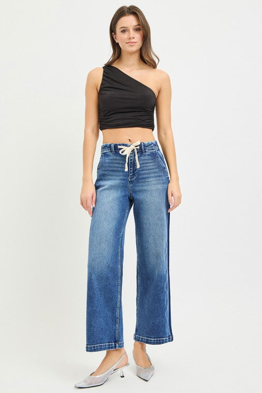Elastic Band High Rise Cropped Wide Jeans