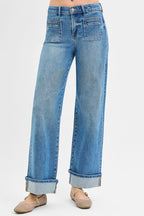 Elastic Band Mid Rise Wid Front Patch Pocket Cuff