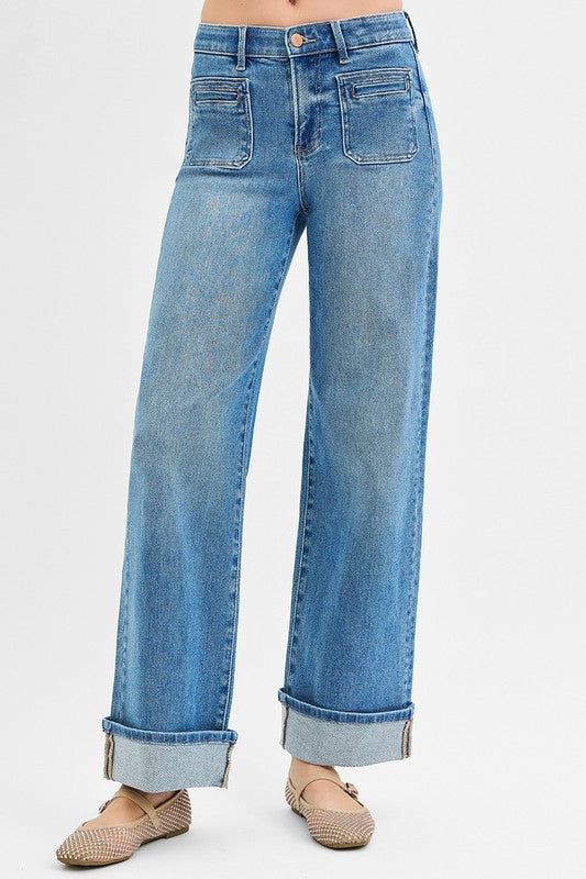 Elastic Band Mid Rise Wid Front Patch Pocket Cuff