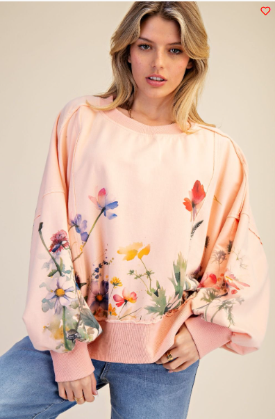 Easel Floral Printed Terry Wash Sweatshirt