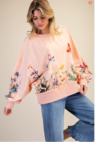 Easel Floral Printed Terry Wash Sweatshirt