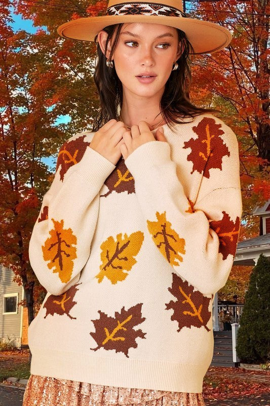 Fall Leaves Jacquard Sweater Knit Top