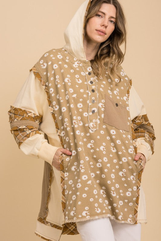 Floral Print Denim Mix Hoodie Pullover Henley Top