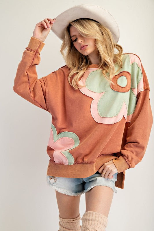 Flower Patch Mineral Washed Terry Knit Pullover