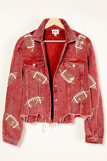 FOOTBALL SEQUIN EMBROIDERY WASHED CORDUROY JACKET
