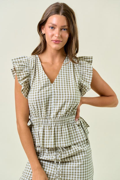 Back Again Gingham Ruffle Peplum Top W/ Side Tie
