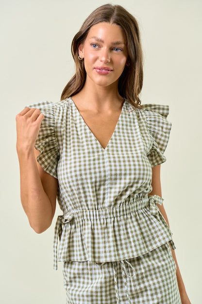 Back Again Gingham Ruffle Peplum Top W/ Side Tie