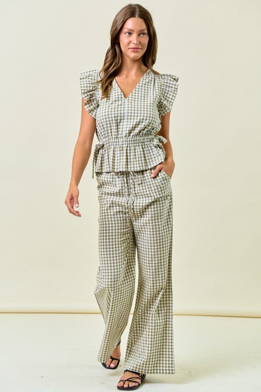 Back Again Gingham Ruffle Peplum Top W/ Side Tie