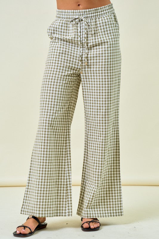 Back Again Gingham Wide Leg Elastic Pants W/ Pockets