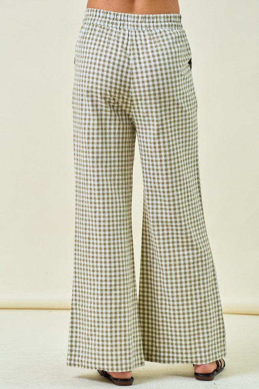 Back Again Gingham Wide Leg Elastic Pants W/ Pockets