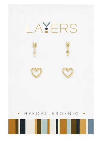 Gold Arrow & Open Heart Duo Pair Stud Layers Earrings Lay-Ear 60-G