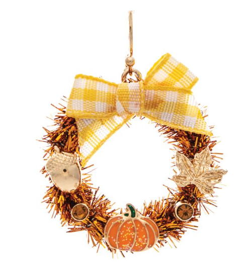 Gold Fall Harvest Pumpkin Acorn Wreath Tinsel Earring