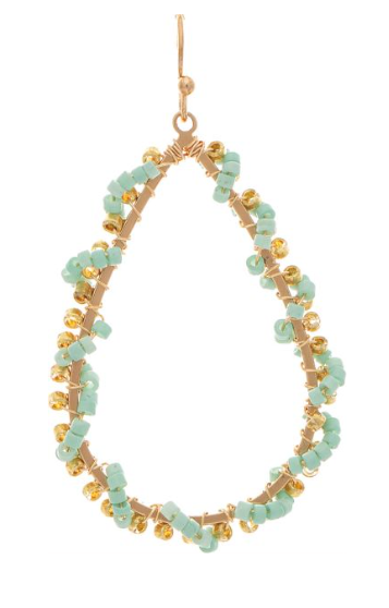 Gold Green Bead Wrapped Teardrop Earring