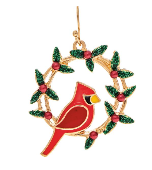 Gold Holly Wreath Perched Cardinal Earring