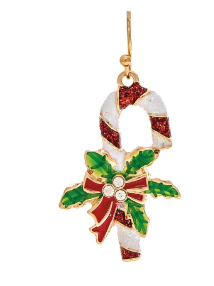 Gold Mistletoe Cany Cane Holiday Earring