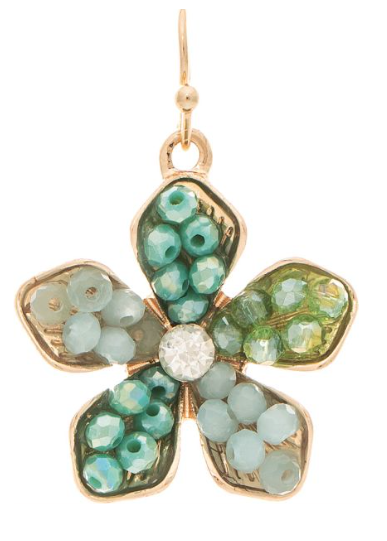 Gold Multi Green Bead Inlay Flower Earring